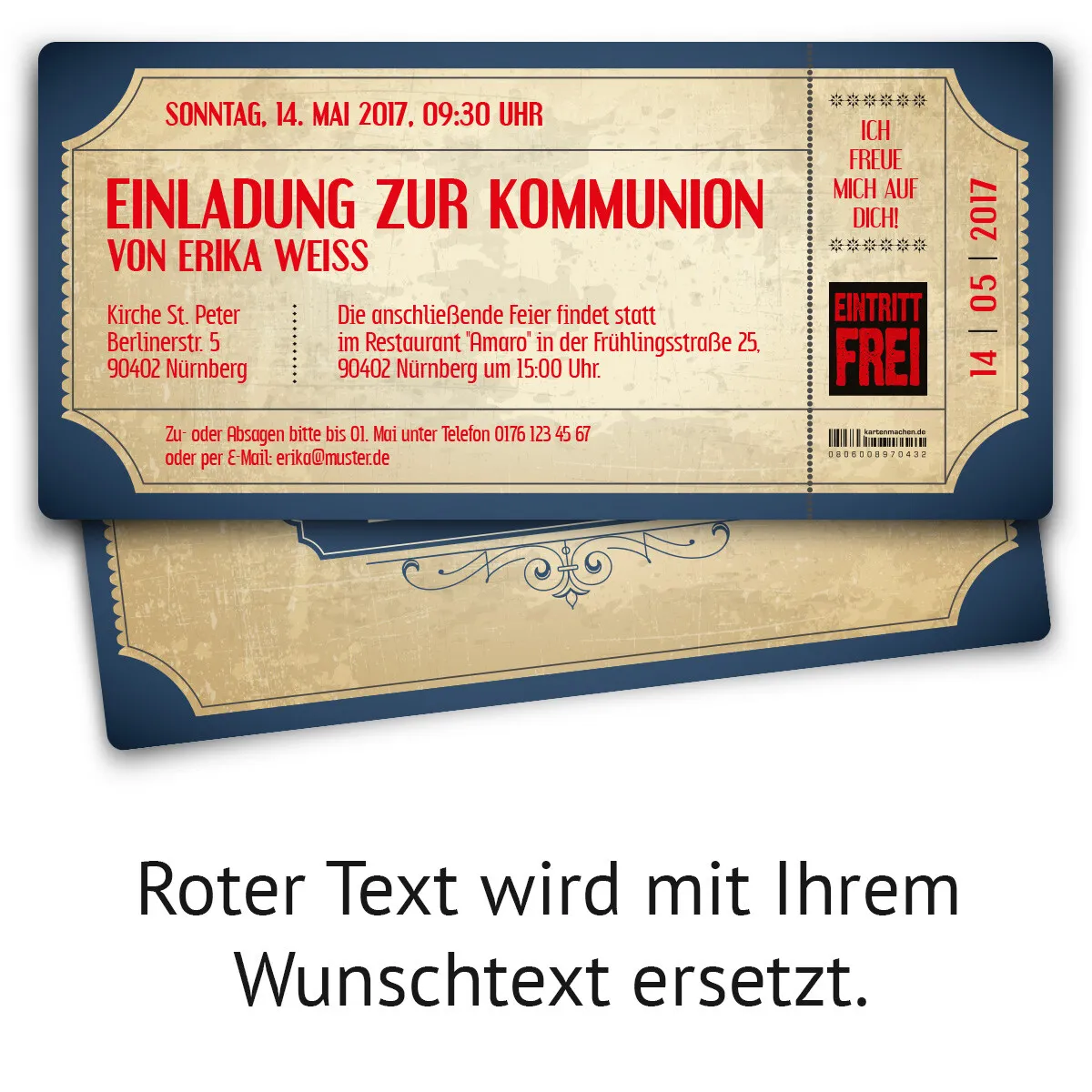 Kommunion Einladungskarten - Vintage Eintrittskarten in Blau