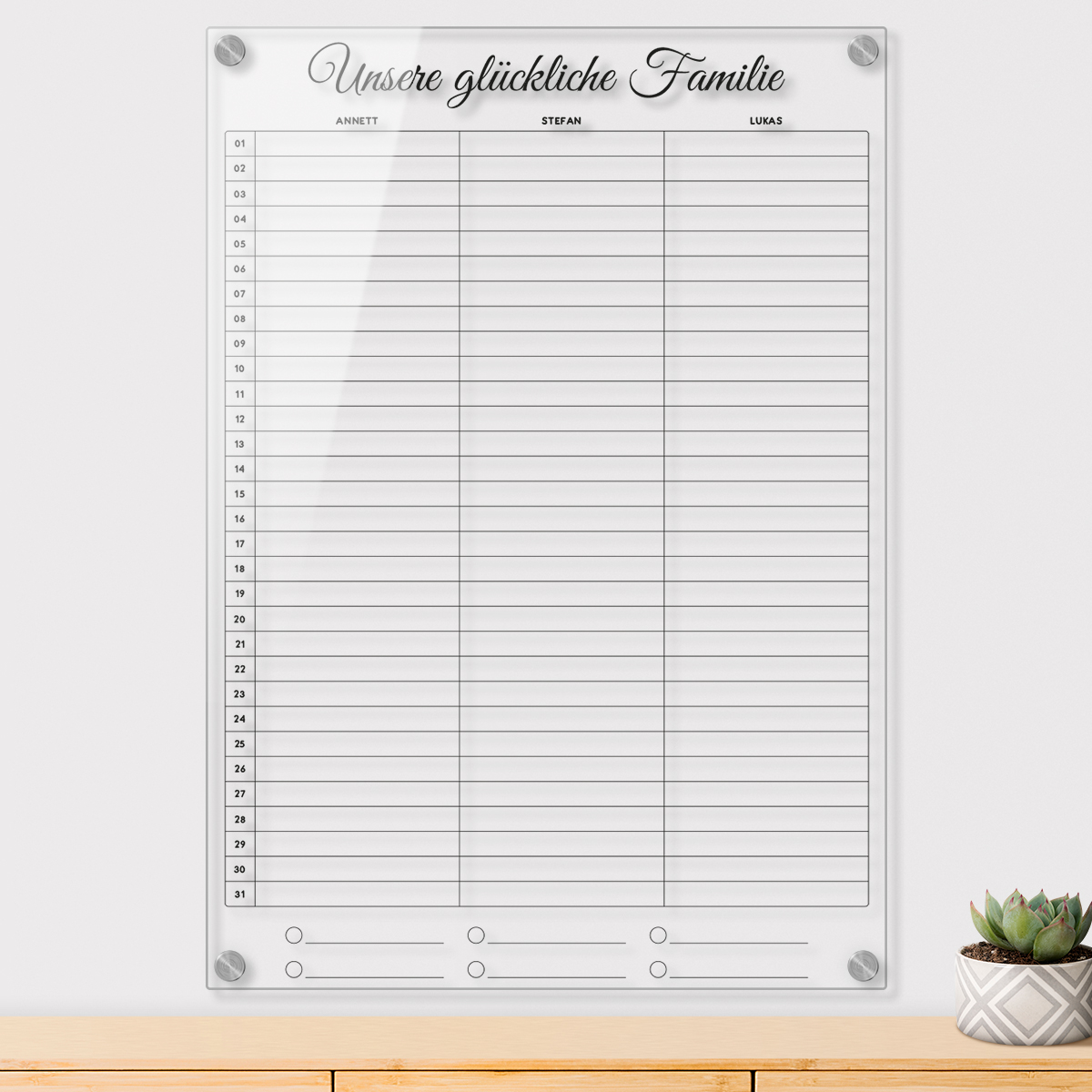 Personalisierter Acrylglas 3-Spalten Familienplaner Kalender