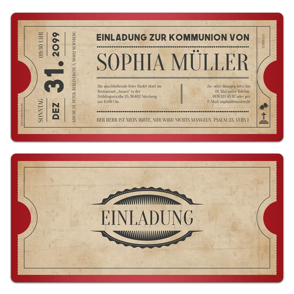 Kommunion Einladungskarten - Vintage Ticket in Rot