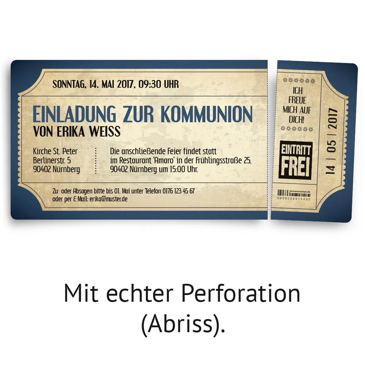 Kommunion Einladungskarten - Vintage Eintrittskarten in Blau