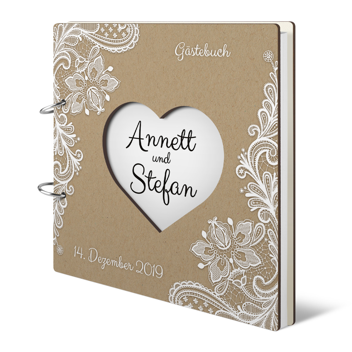 Personalisiertes Holzcover Hochzeit Gästebuch lasergeschnitten - Rustikal Kraftpapier