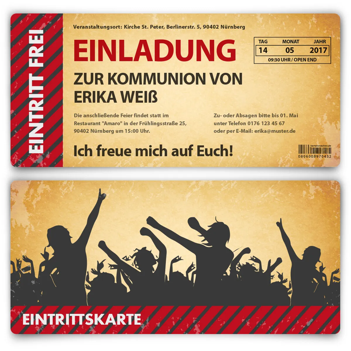 Kommunion Einladungskarten als Ticket - Party / Vintage