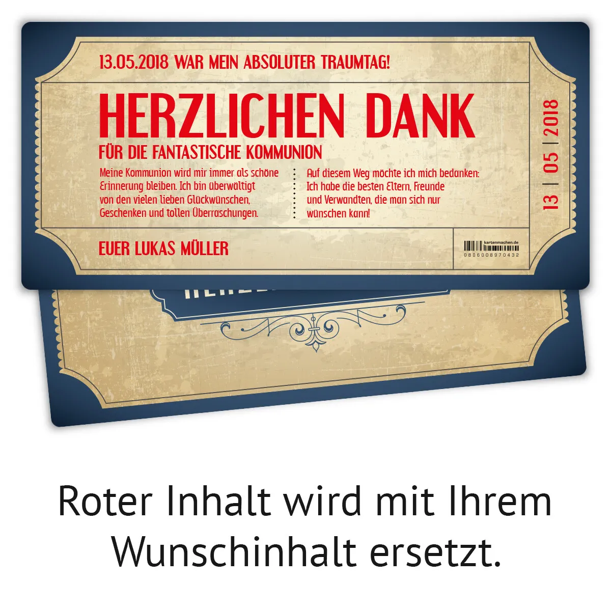 Kommunion Dankeskarten - Vintage Eintrittskarten in Blau