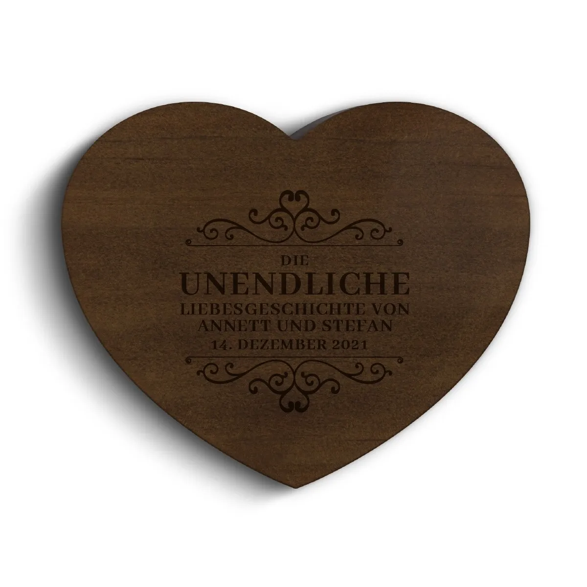 Hochzeit Herz Ringbox Kebony Holz - Liebesgeschichte