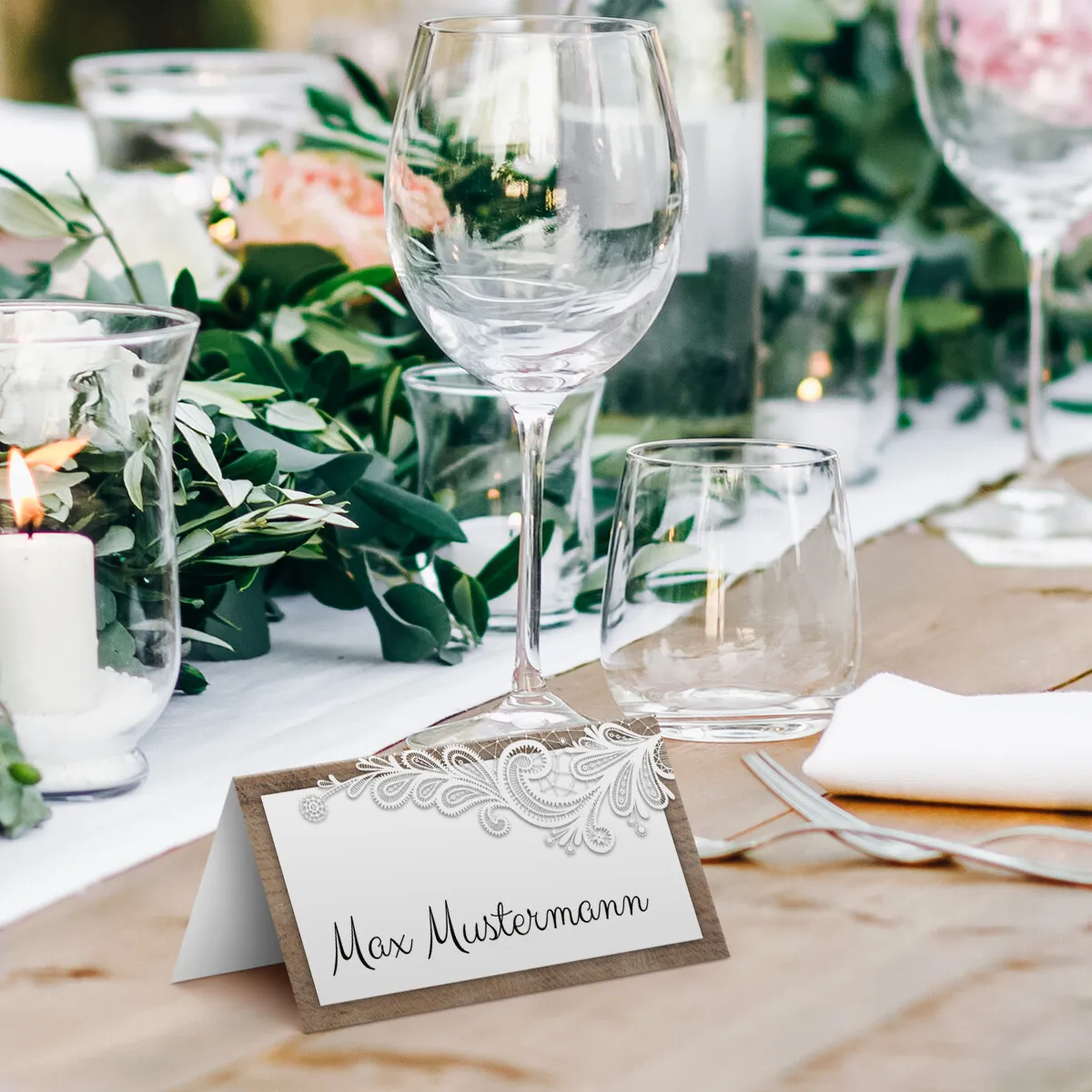 Tischkarten zur Hochzeit - Rustikal mit weißer Spitze