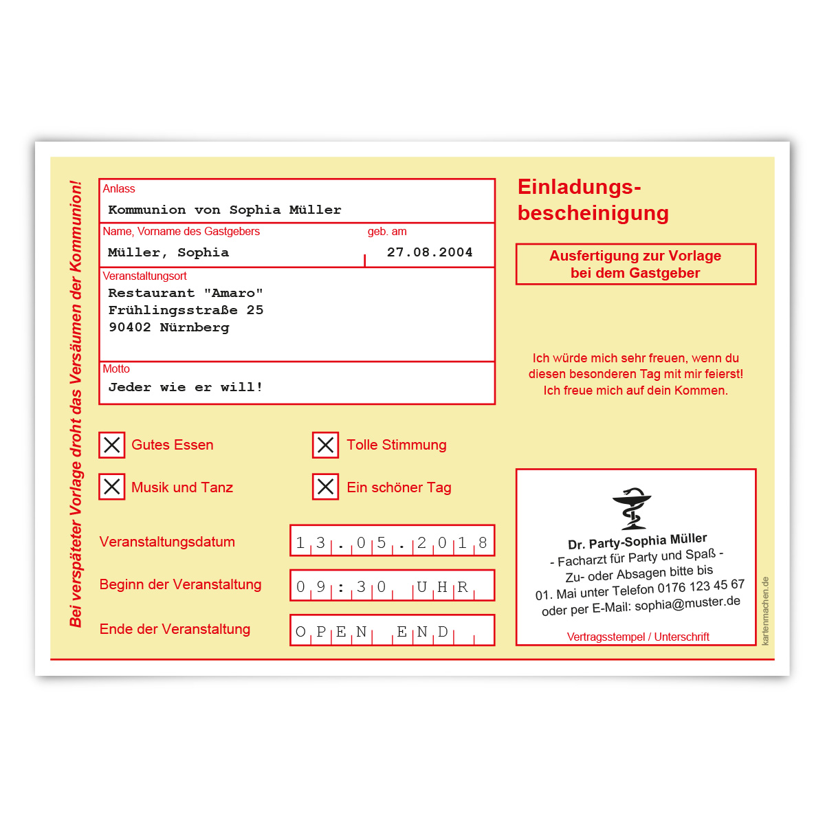 Einladungskarten Kommunion als Krankschreibung in Gelb