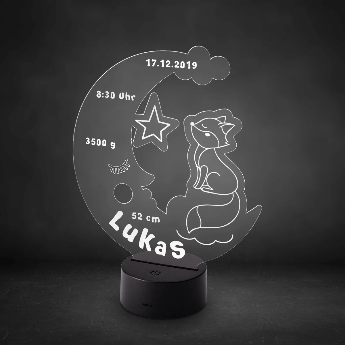 Acrylglasschild LED-Lampe personalisiert - Mondfuchs