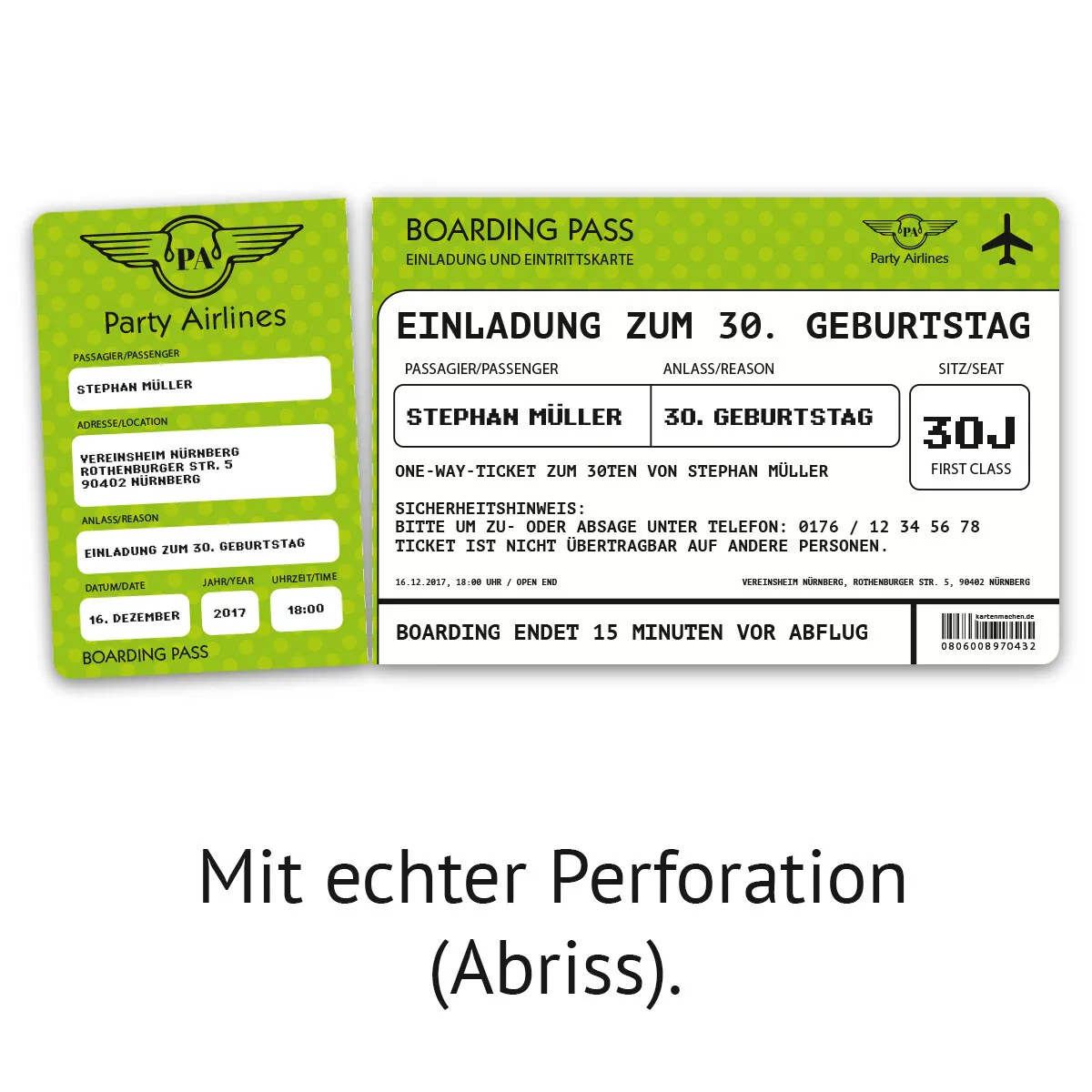 Geburtstag Einladungskarte als Flugticket - Grün