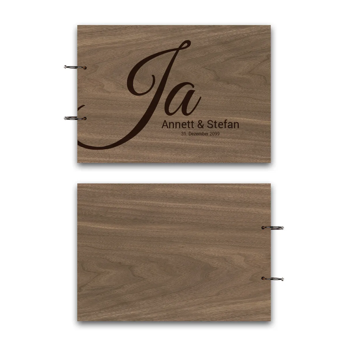 Personalisiertes Hochzeit Gästebuch Nussbaum Holz A4 quer - Ja