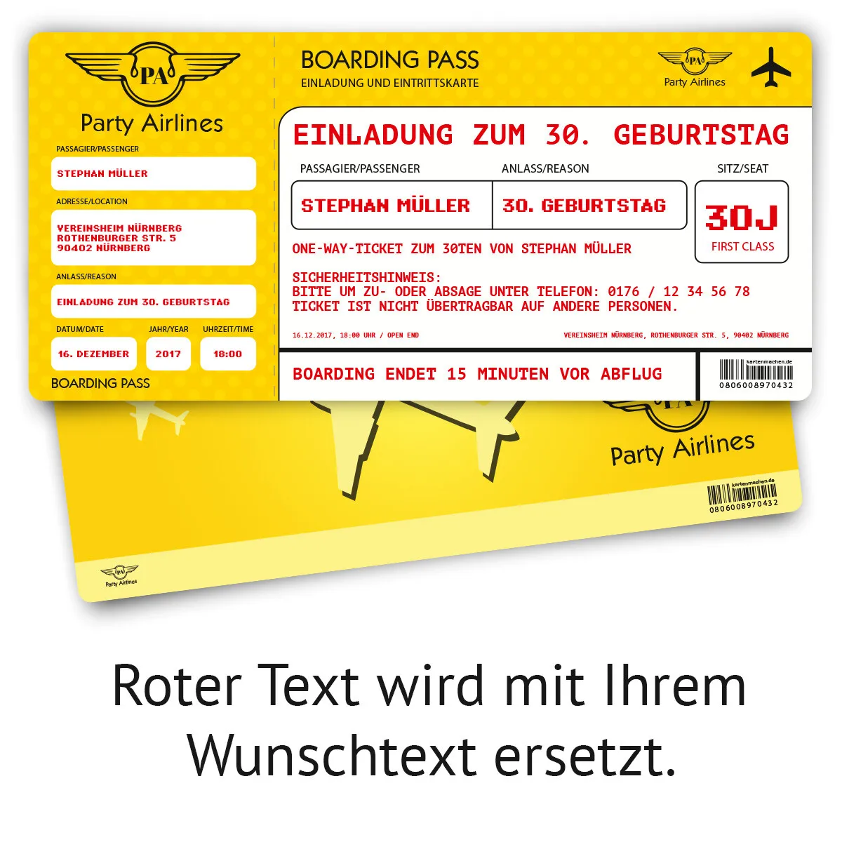 Geburtstag Einladungskarte als Flugticket - Gelb