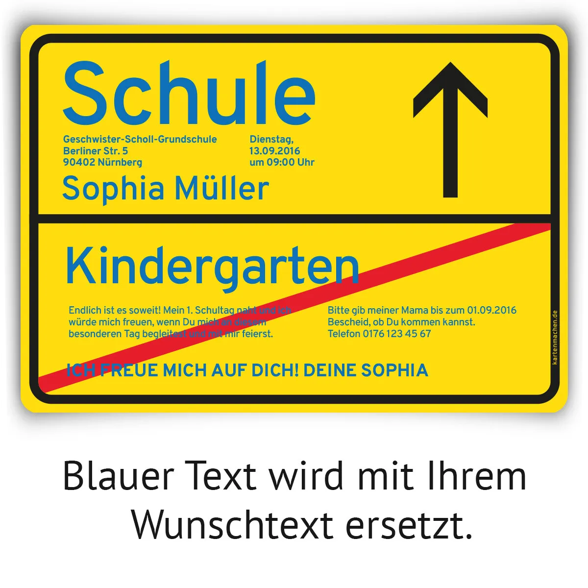 Einladung zur Einschulung als Ortsschild