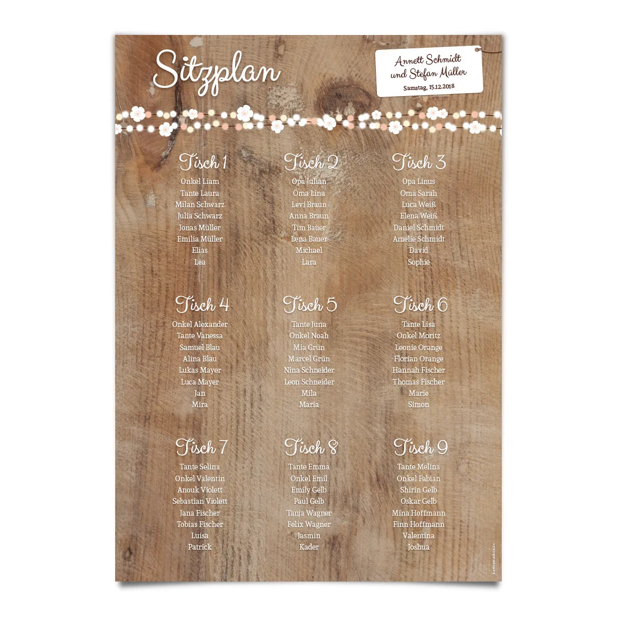 Hochzeit Sitzplan Plakat - Holz Lichtgirlande