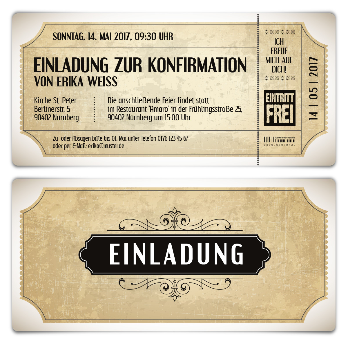 Konfirmation Einladungskarten - Vintage Eintrittskarten in Weiß