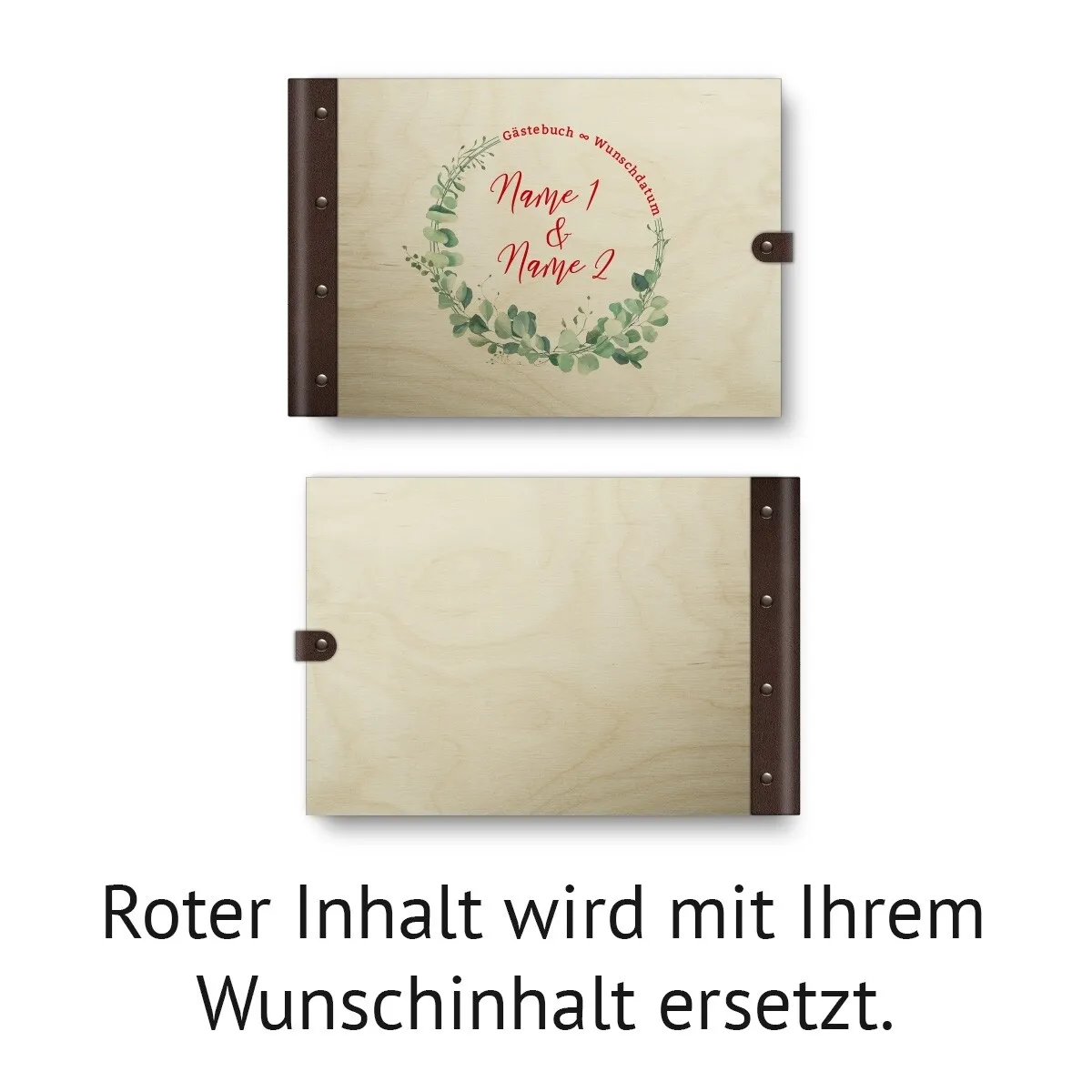 Personalisiertes Hochzeit Gästebuch Birkensperrholz Leder UV-Druck DIN A4 quer - Eukalyptus