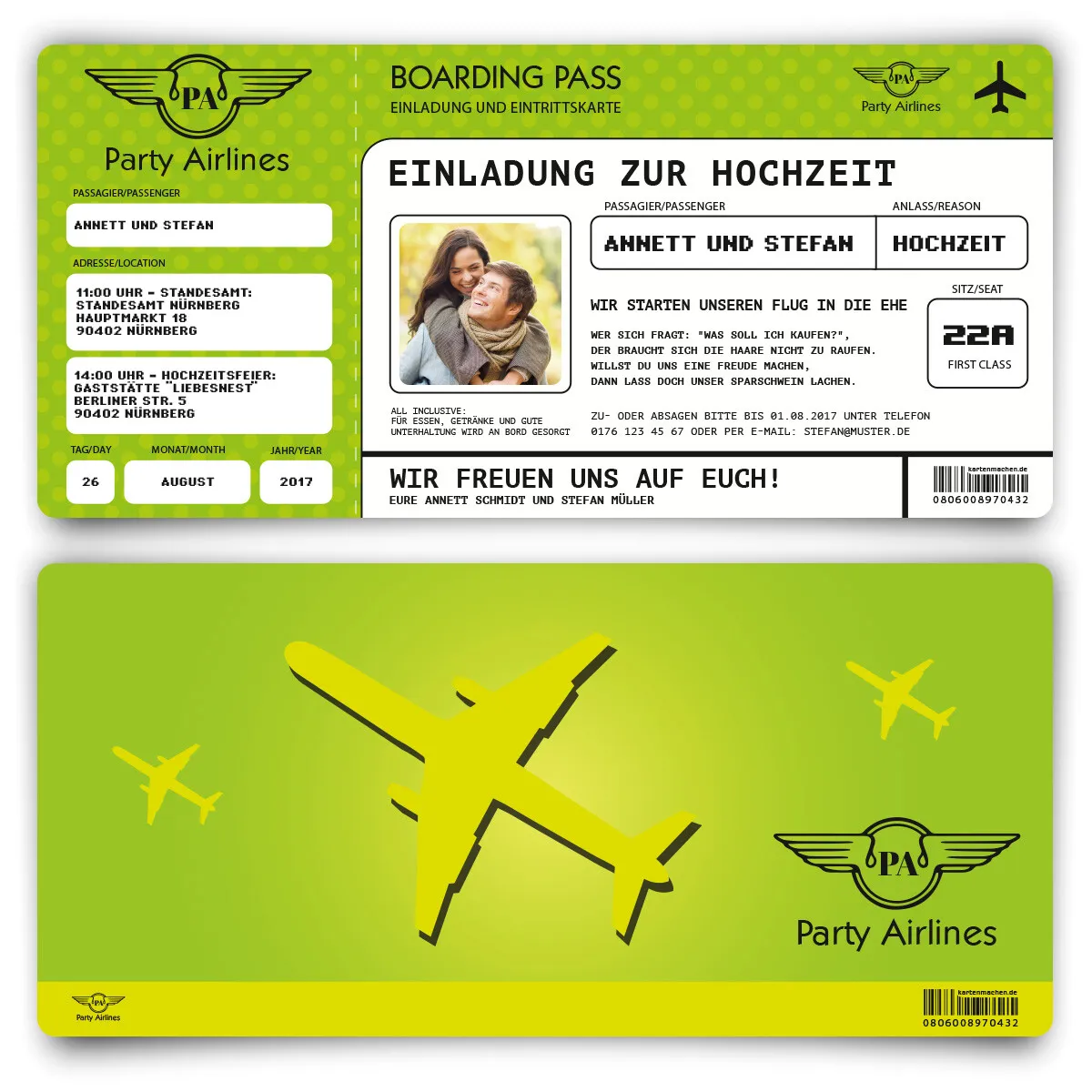 Hochzeitskarten als Flugticket - Grün