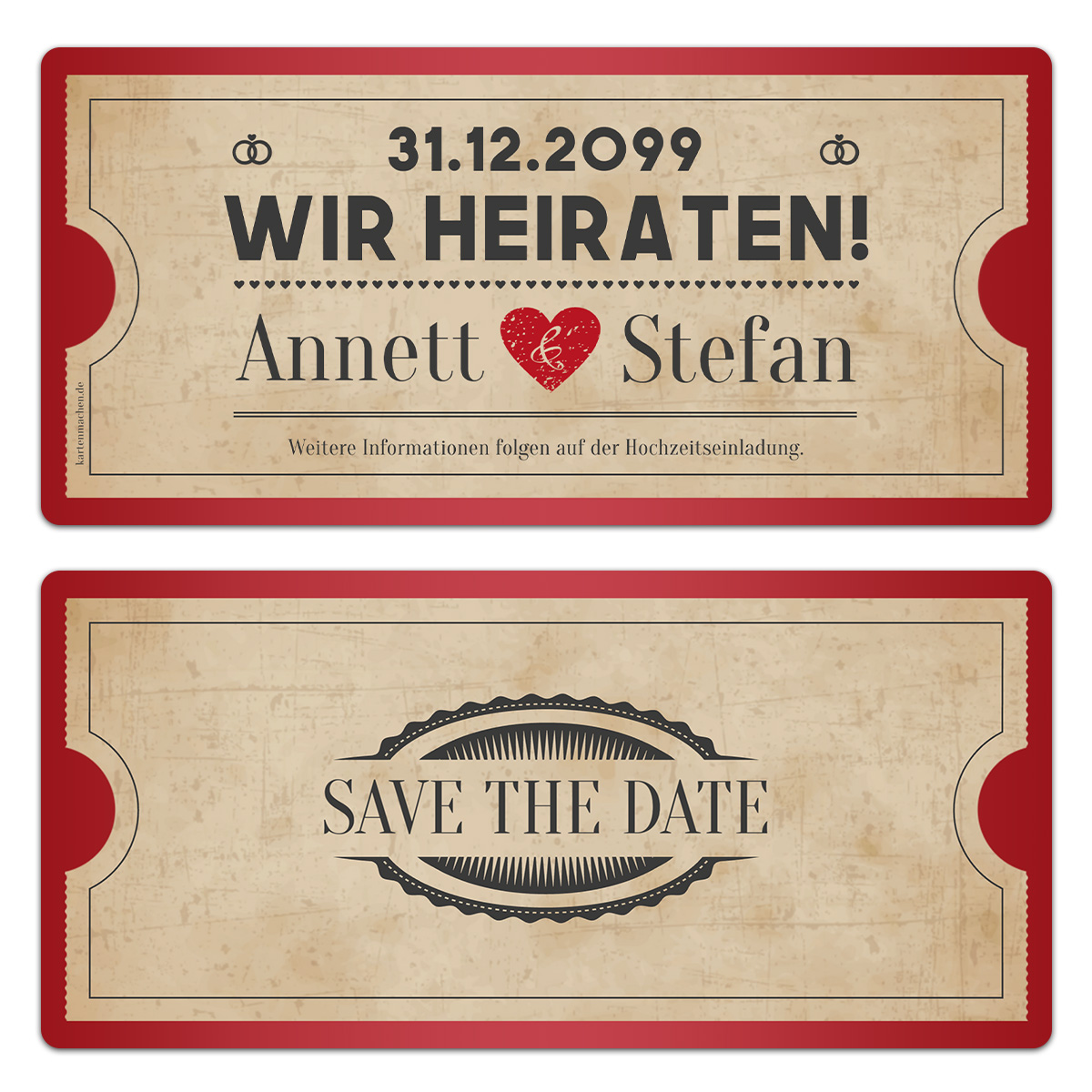 Save the Date Karten zur Hochzeit - Vintage Herz in Rot