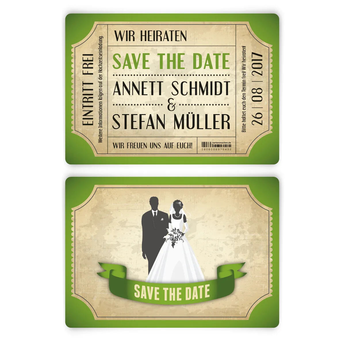 Save the Date Karten zur Hochzeit - Vintage Brautpaar in Grün