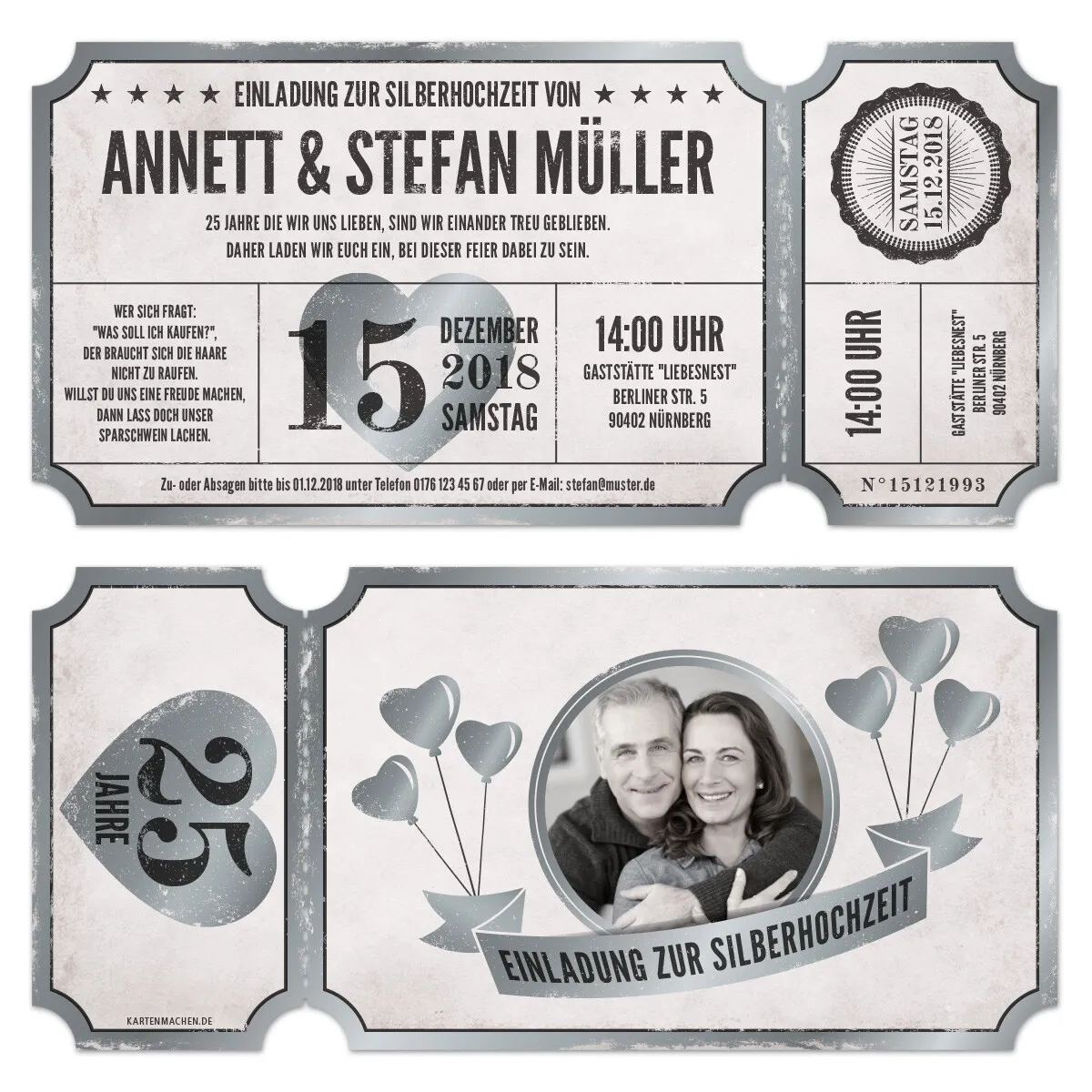 Lasergeschnittene Silberhochzeit Einladungen - Vintage Ticket Luftballons