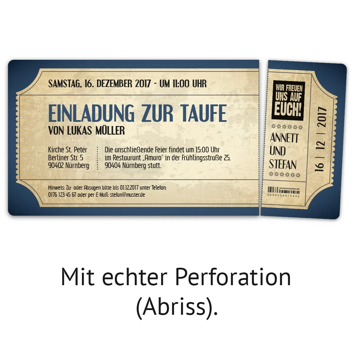 Taufe Einladungskarten - Vintage Eintrittskarten in Blau