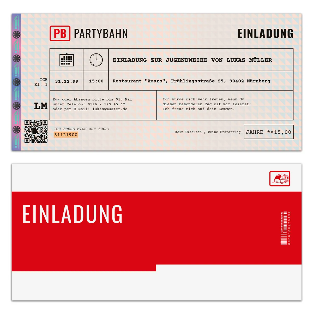 Einladungen zur Jugendweihe - "Bahnticket" Design