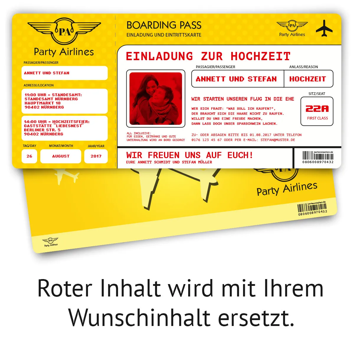 Hochzeitskarten als Flugticket - Gelb