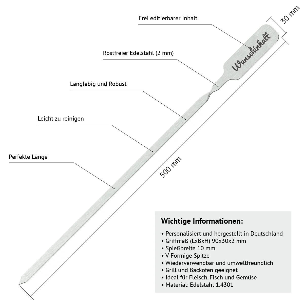 Personalisierte Edelstahl Grillspieße - Schriftzug Name