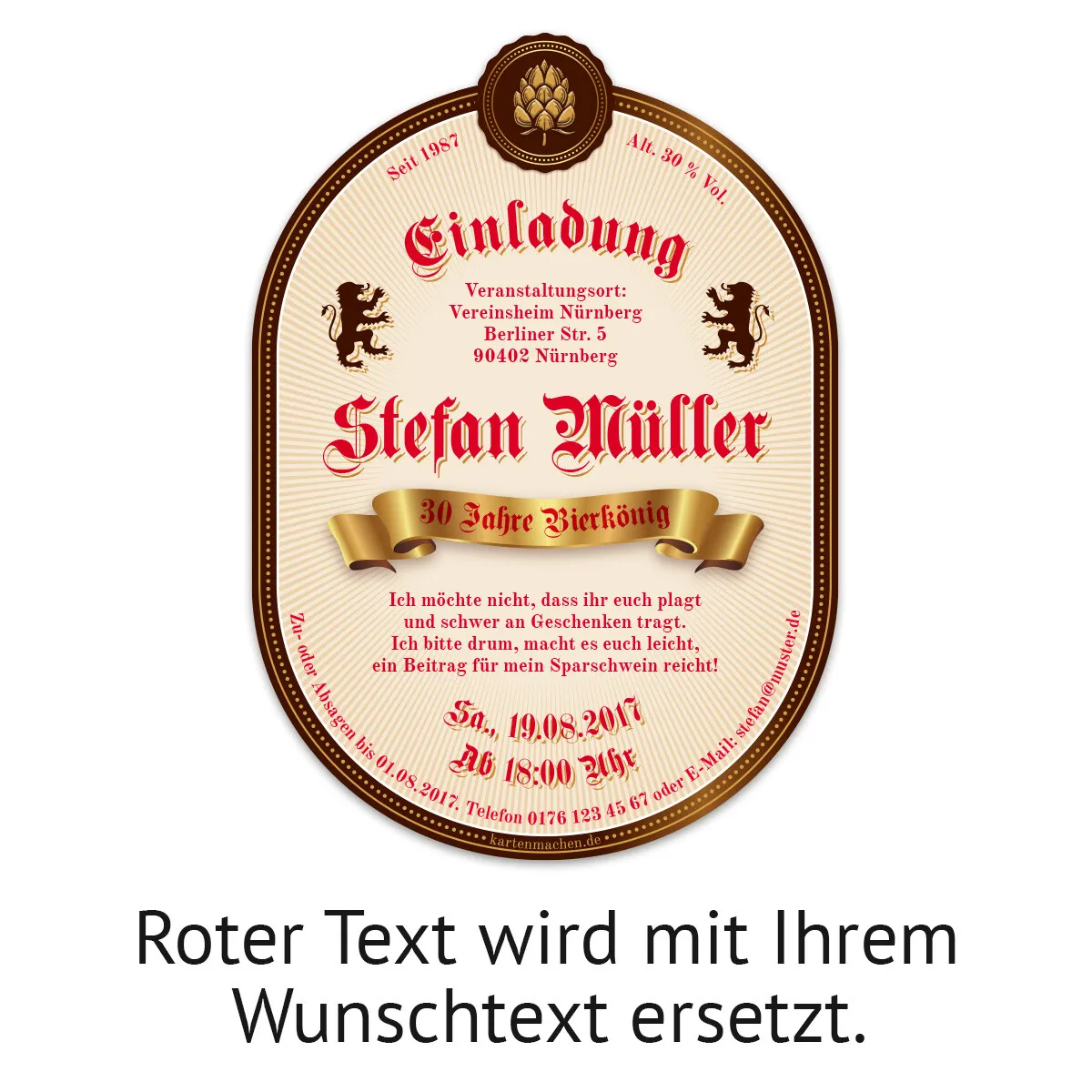 Bier Flaschenetikett als Einladung - Hopfen in Braun