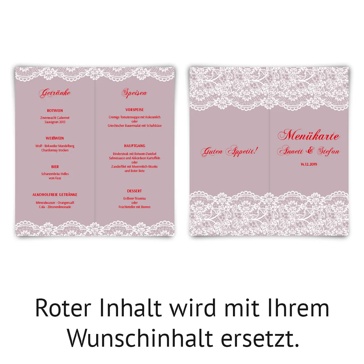 Hochzeit Menükarten - Spitze in Lila