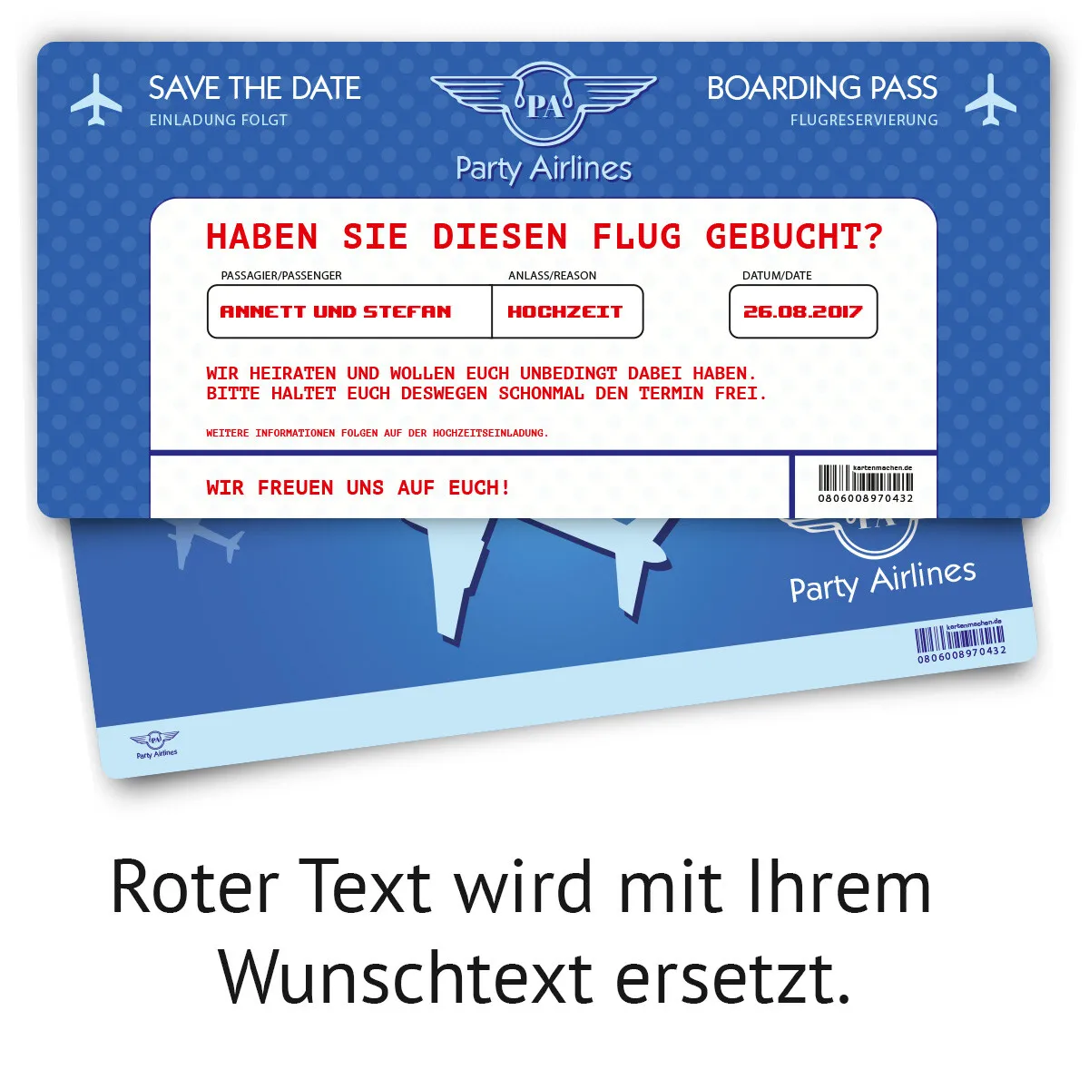 Save the Date Karte im Flugticket Motiv - Blau