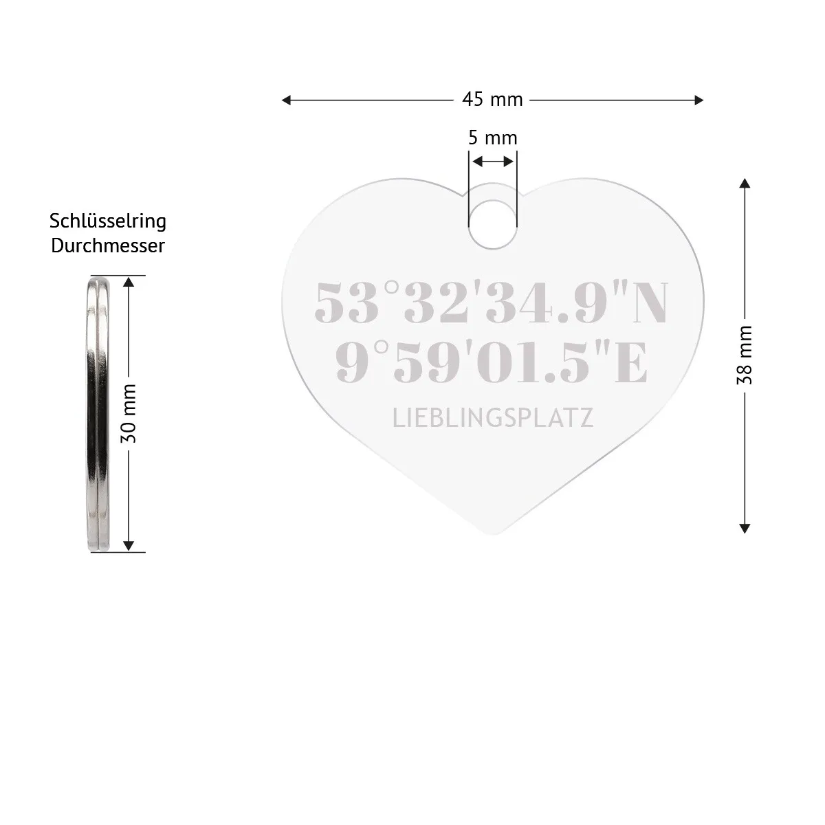 Personalisierter Acrylglas Schlüsselanhänger als Herz - Koordinaten