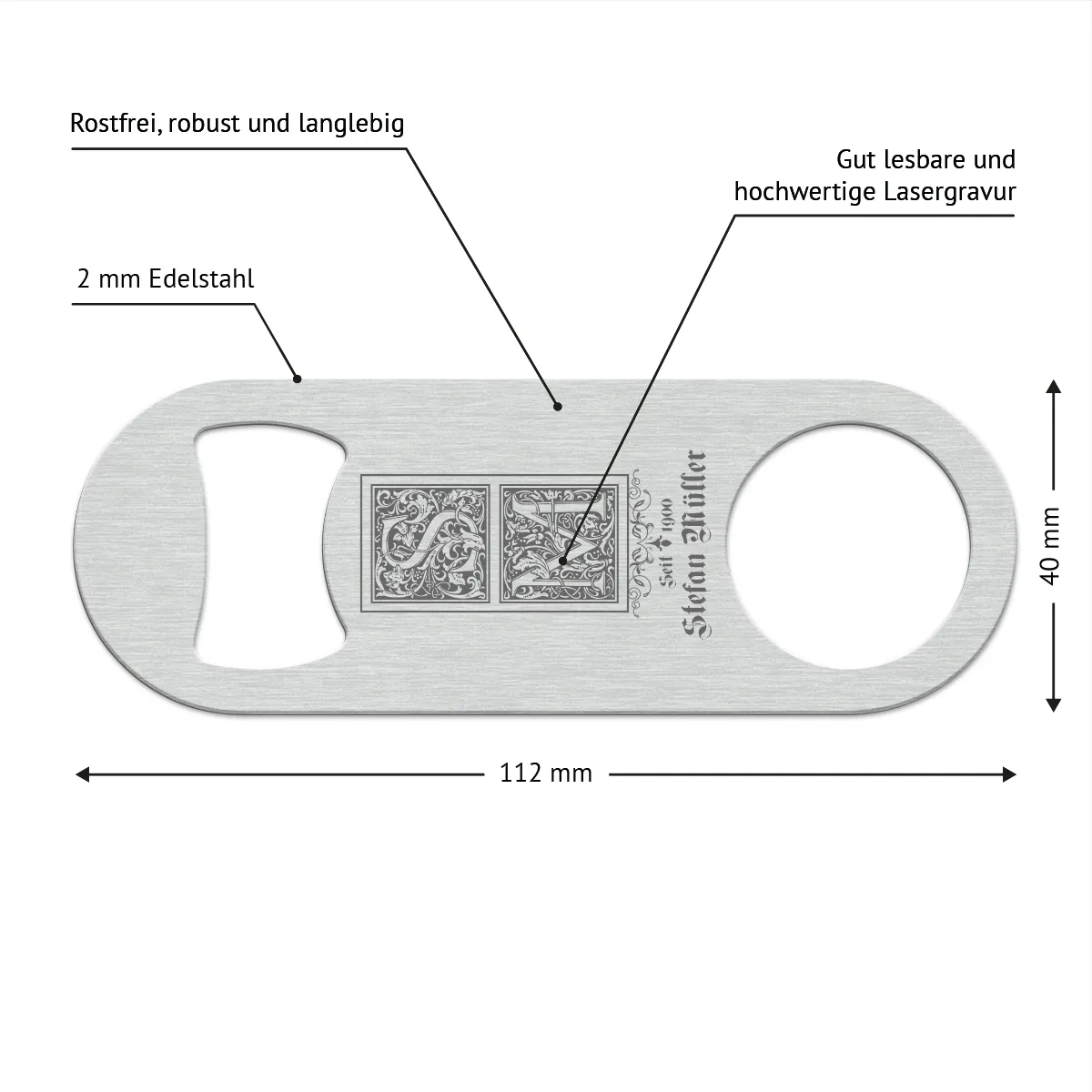 Personalisierter Edelstahl Flaschenöffner - Verzierte Initialen