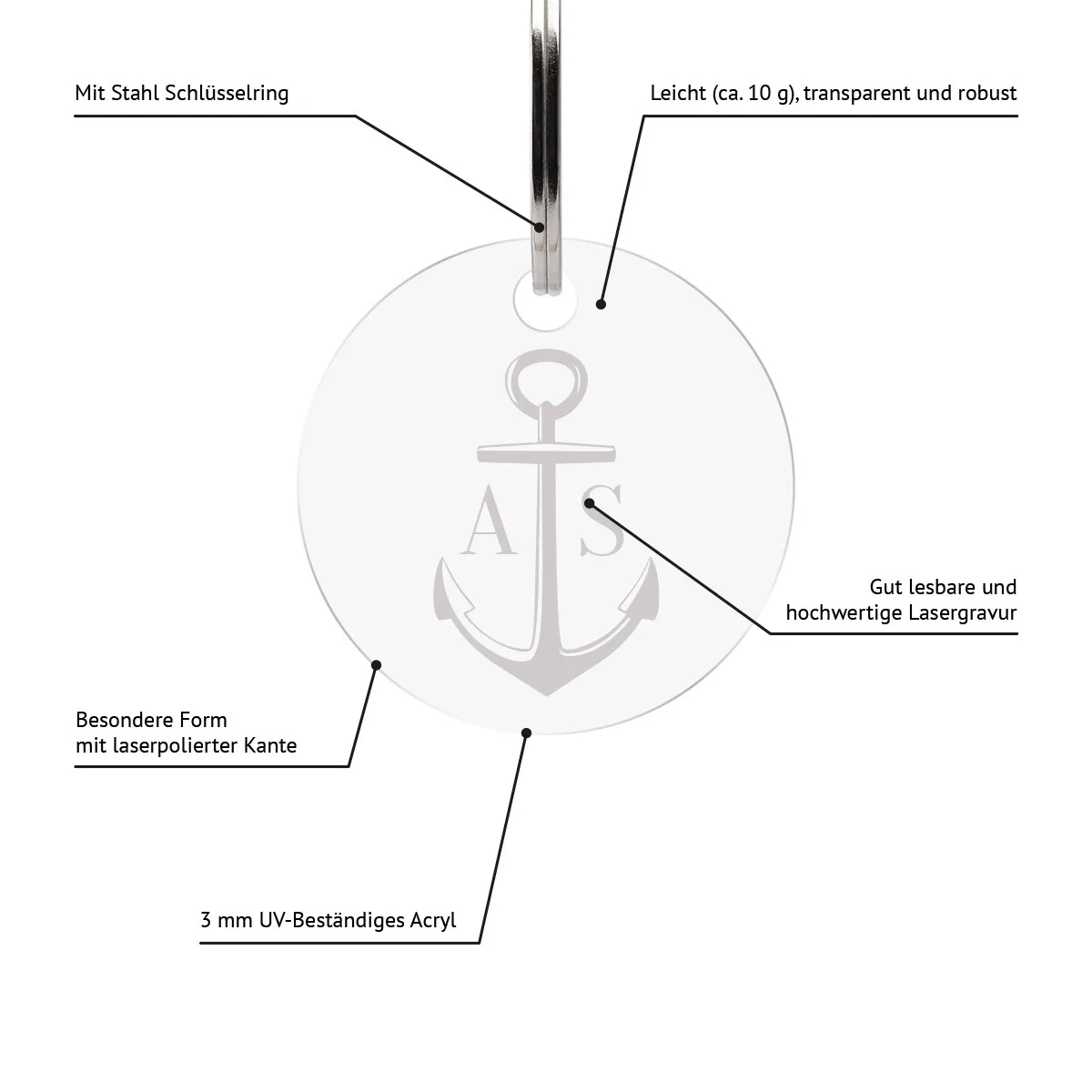Personalisierter Acrylglas Schlüsselanhänger als Kreis - Anker