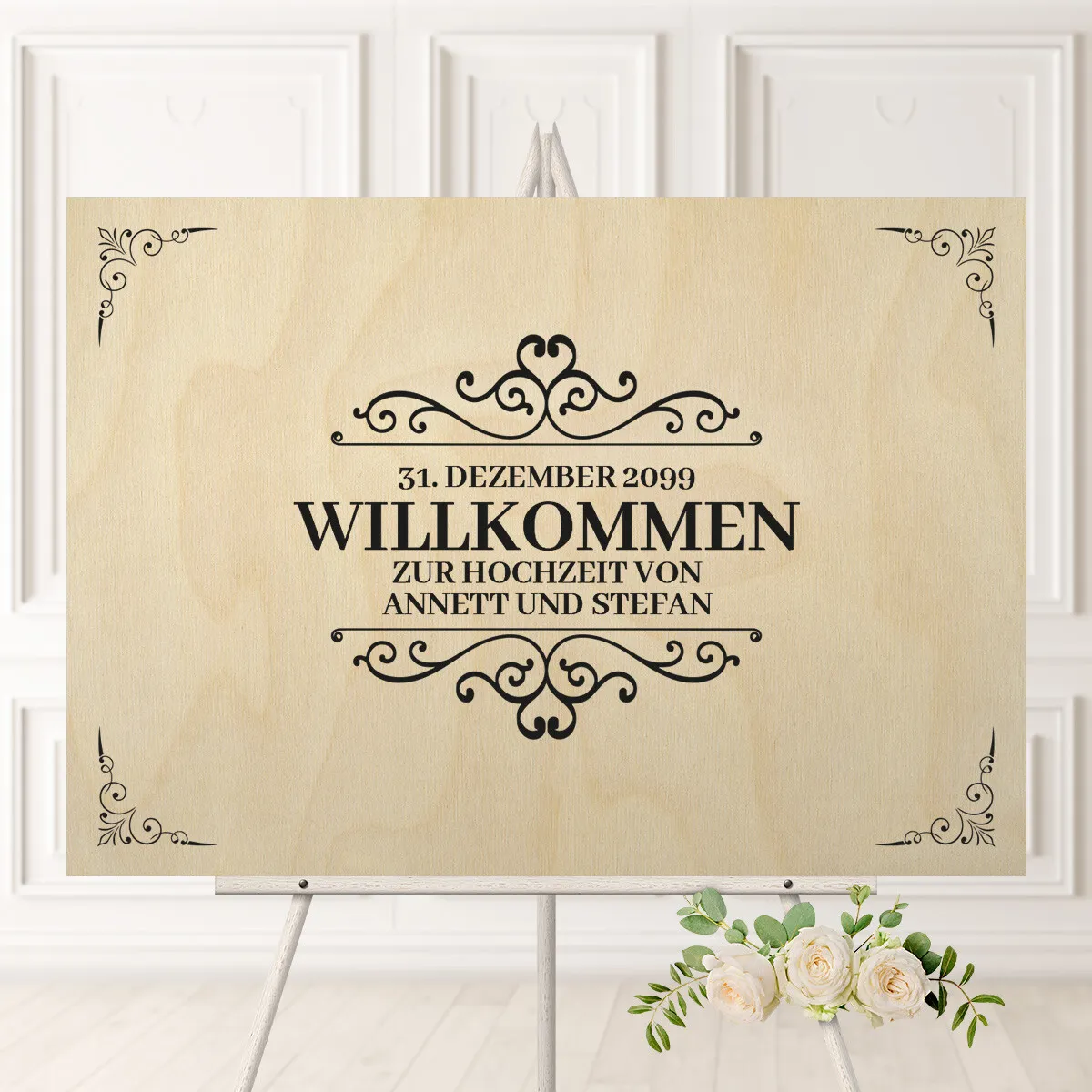 Personalisiertes Willkommensschild zur Hochzeit Birkensperrholz - Liebegeschichte