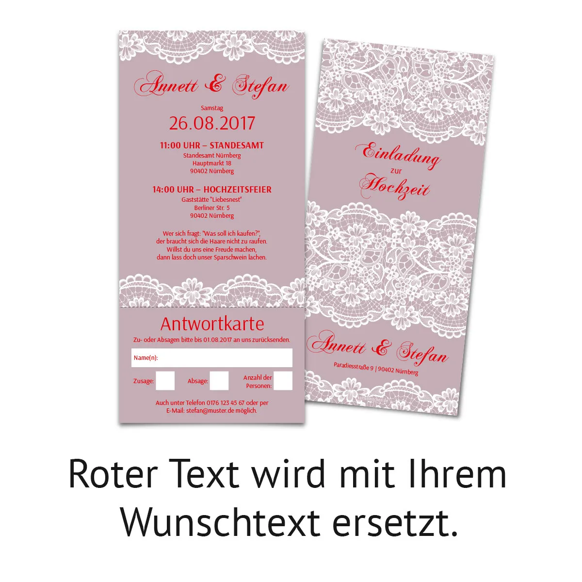 Hochzeitseinladungen mit Antwortkarte - Spitze in Lila