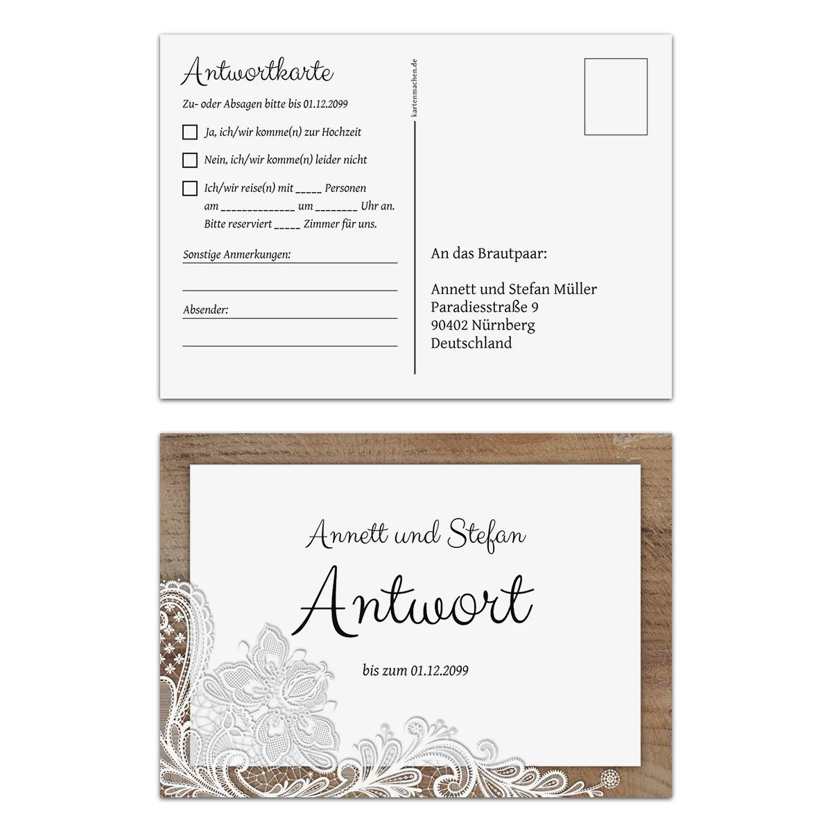 Antwortkarten Hochzeit - Rustikal mit weißer Spitze