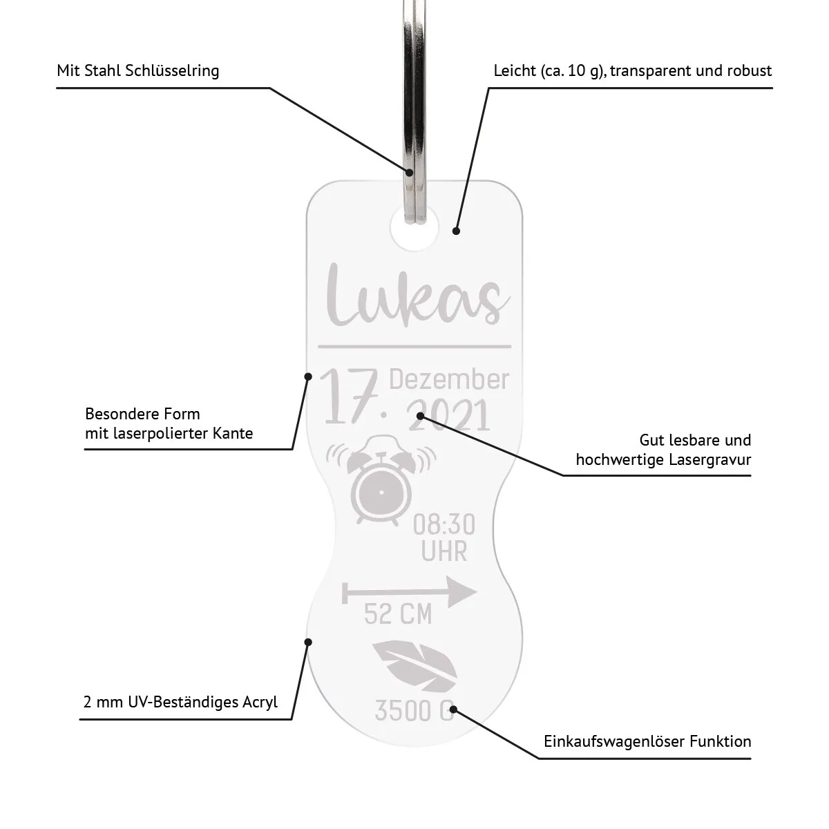 Personalisierter Acrylglas Einkaufswagenlöser Schlüsselanhänger - Icon Geburtsdaten
