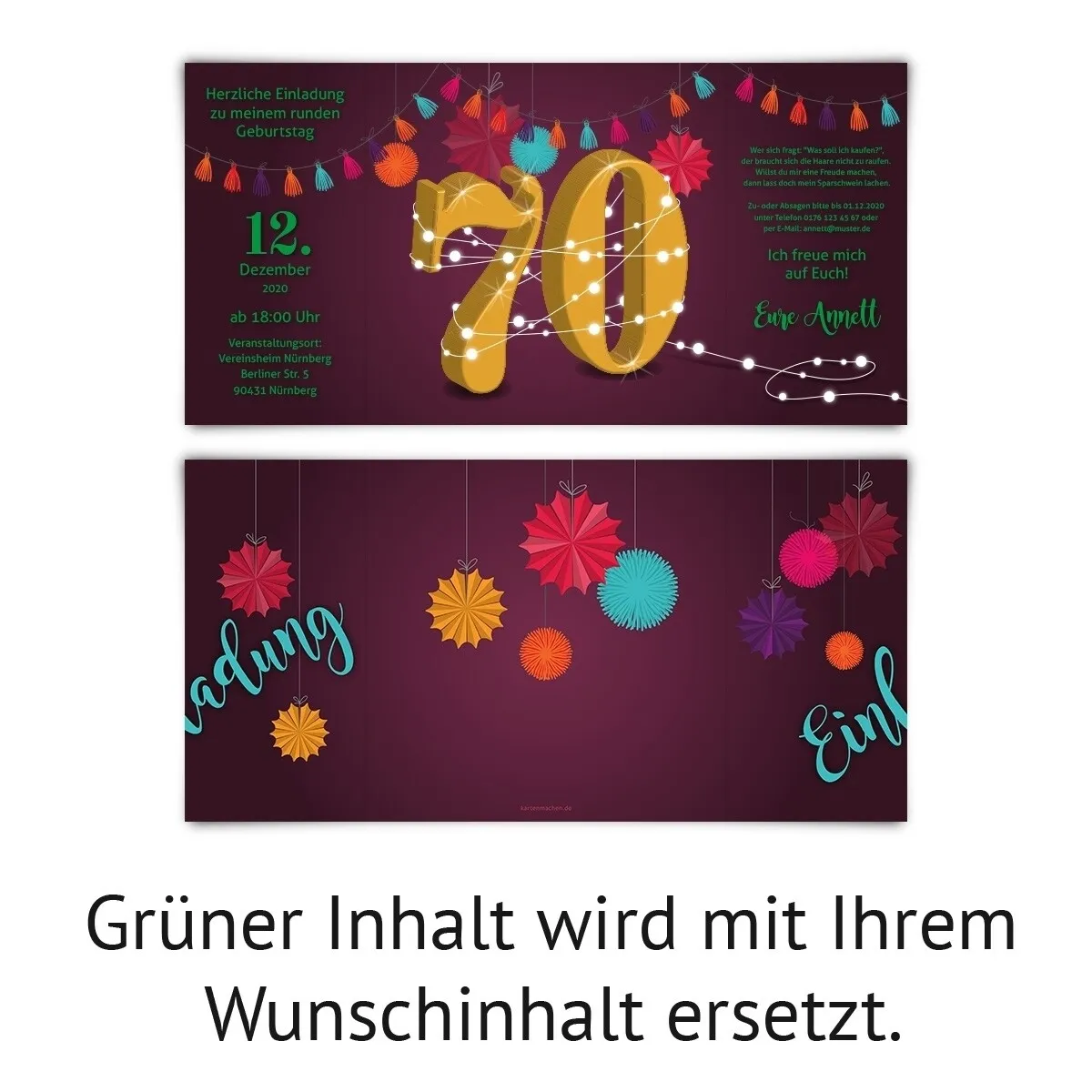 Runder 70. Geburtstag Einladungen - Girlande