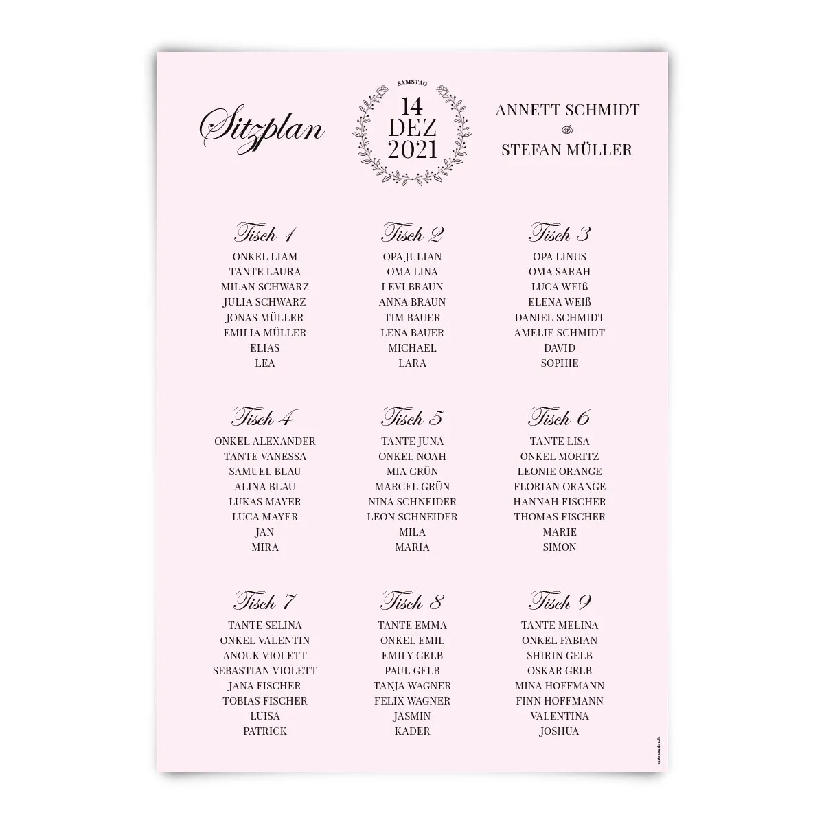 Hochzeit Sitzplan Plakat - Rosa Chic