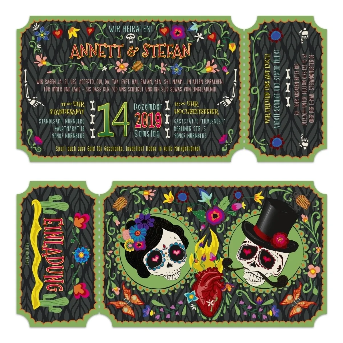 Lasergeschnittene Hochzeitseinladungen - Sugar Skull Ticket