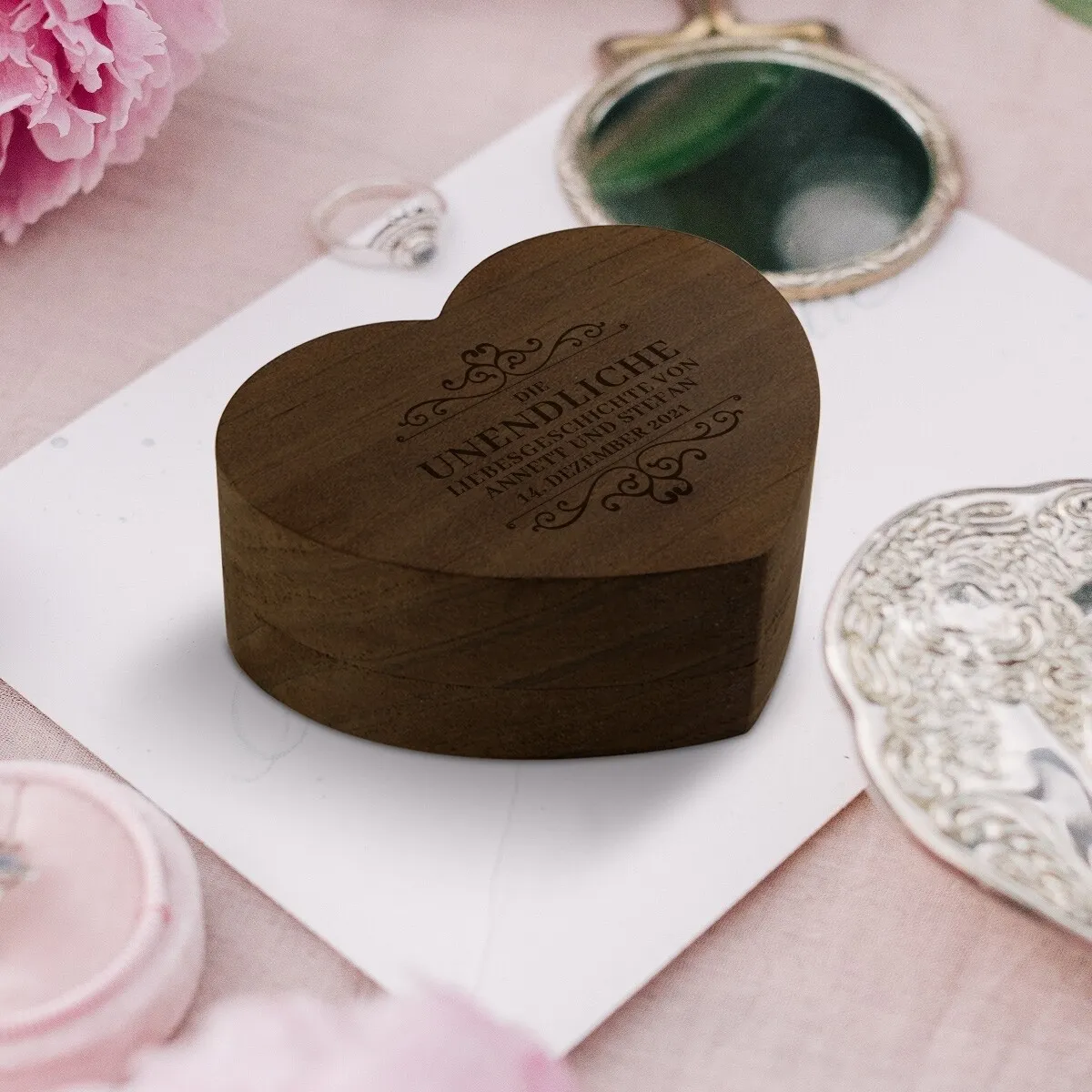 Hochzeit Herz Ringbox Kebony Holz - Liebesgeschichte