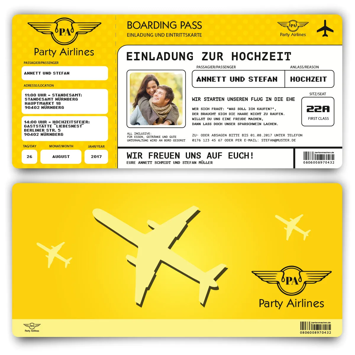 Hochzeitskarten als Flugticket - Gelb