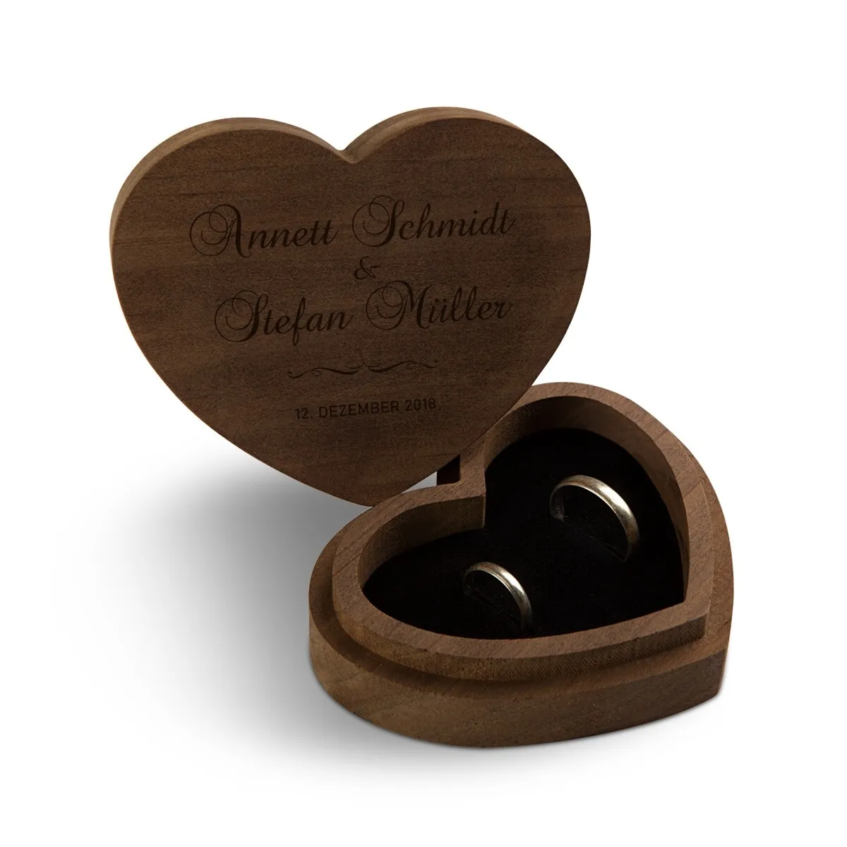 Hochzeit Herz Ringbox Kebony Holz - Schriftzug