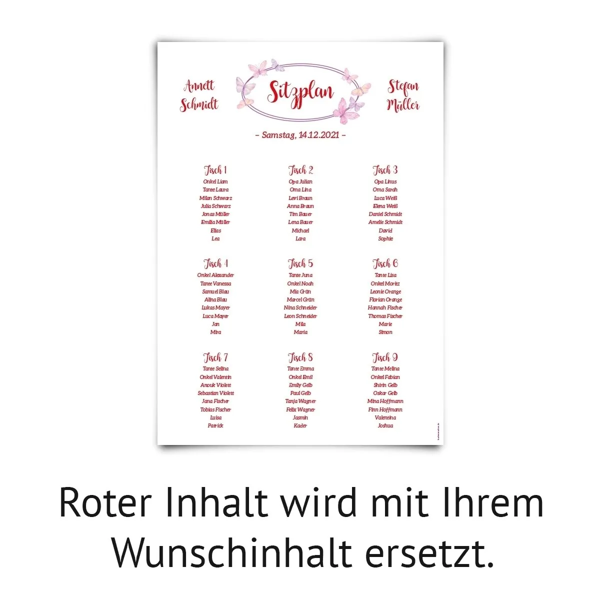 Hochzeit Sitzplan Plakat - Schmetterlinge