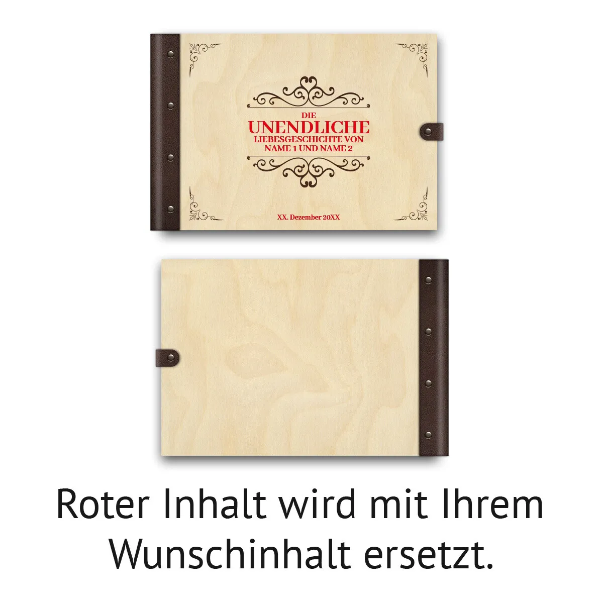 Gästebuch individuell Birkensperrholz mit Lederrücken A4 quer - Liebesgeschichte