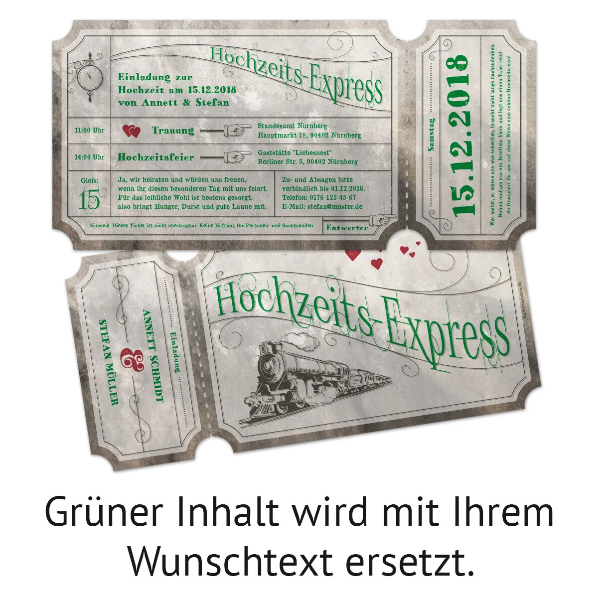 Lasergeschnittene Hochzeitseinladungen - Marmor Zugticket Hochzeitsexpress