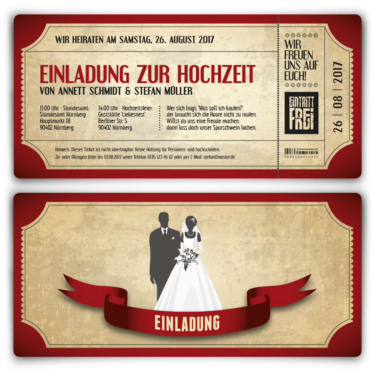 Hochzeitskarten - Vintage Brautpaar in Rot