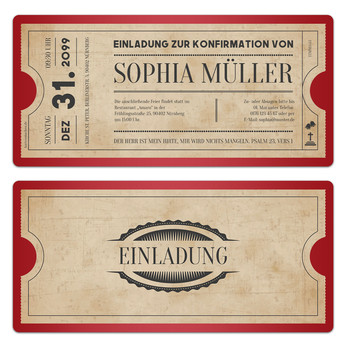 Konfirmation Einladungskarten - Vintage Ticket in Rot