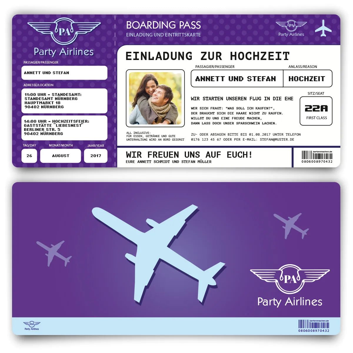 Hochzeitskarten als Flugticket - Lila