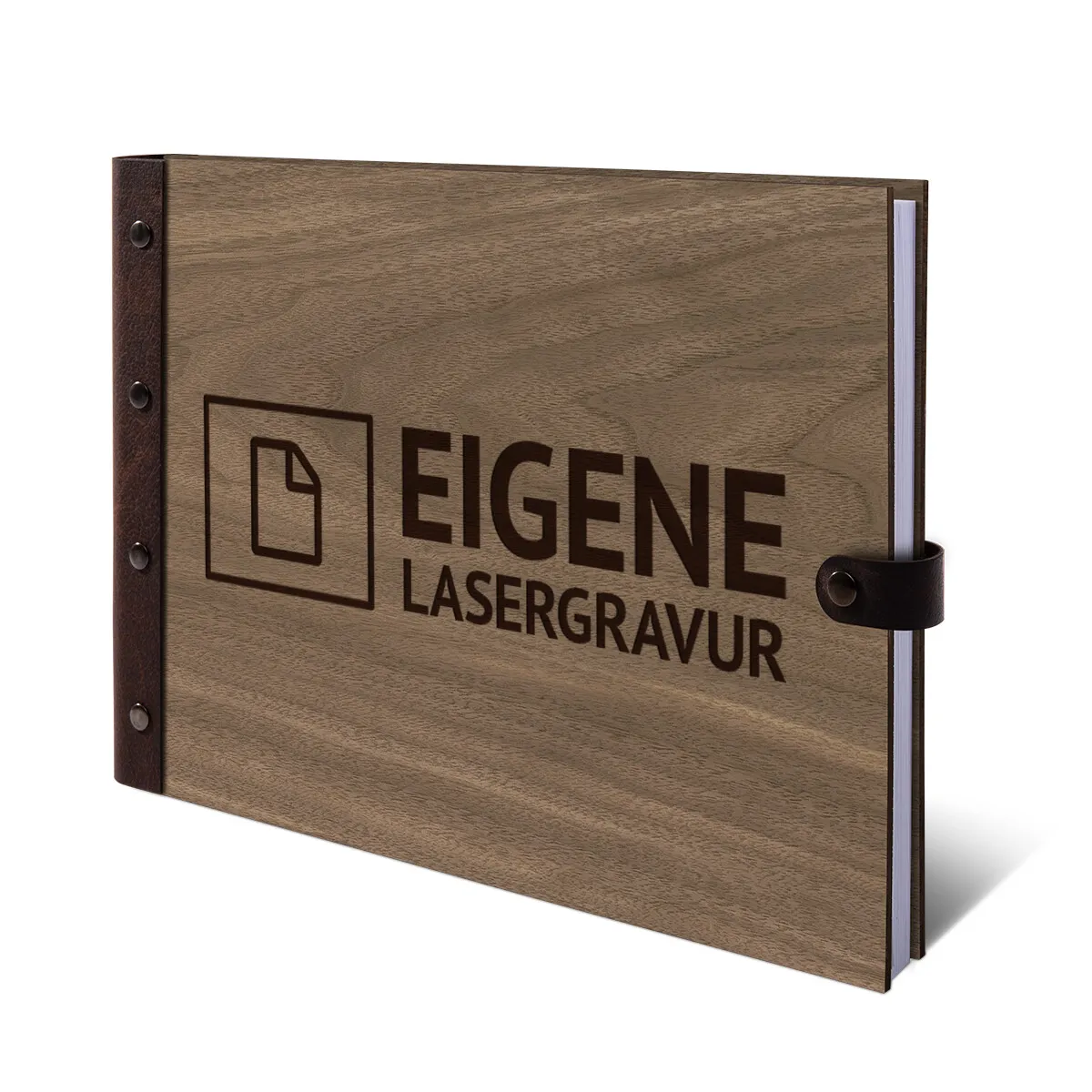 Personalisiertes Gästebuch Nussbaum Holz mit Lederrücken - Eigene Gravurdatei hochladen