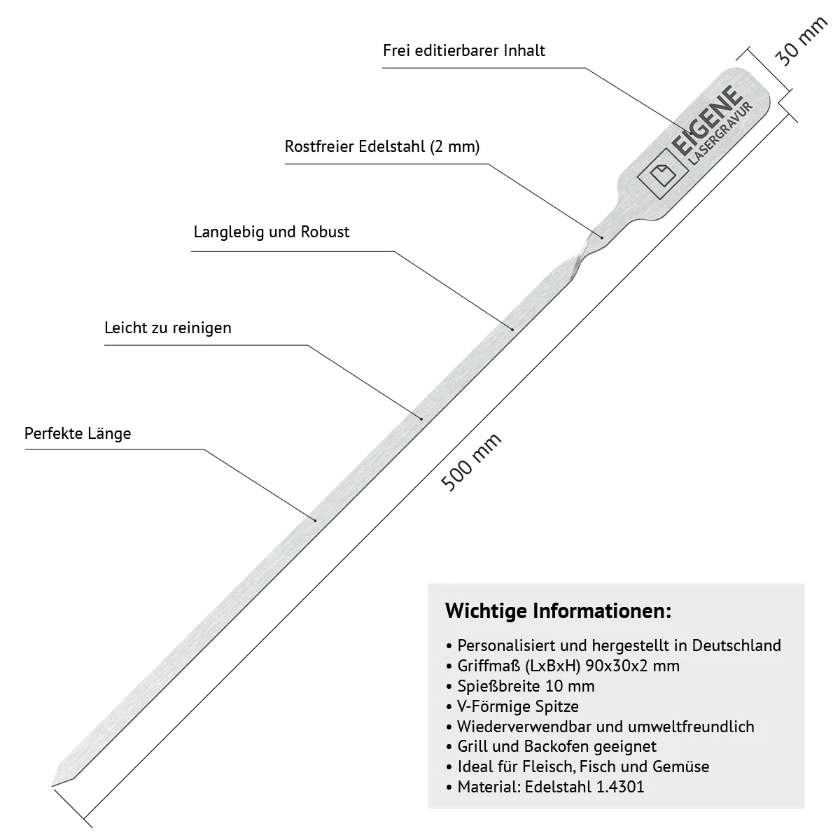 Personalisierte Edelstahl Grillspieße - Eigene Gravurdatei hochladen